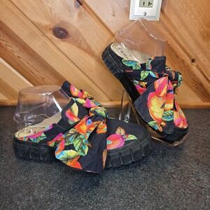 FARM RIO Cashew Platform Mule In Cashew Black Bow Fruit Print‎ Slides Size 7